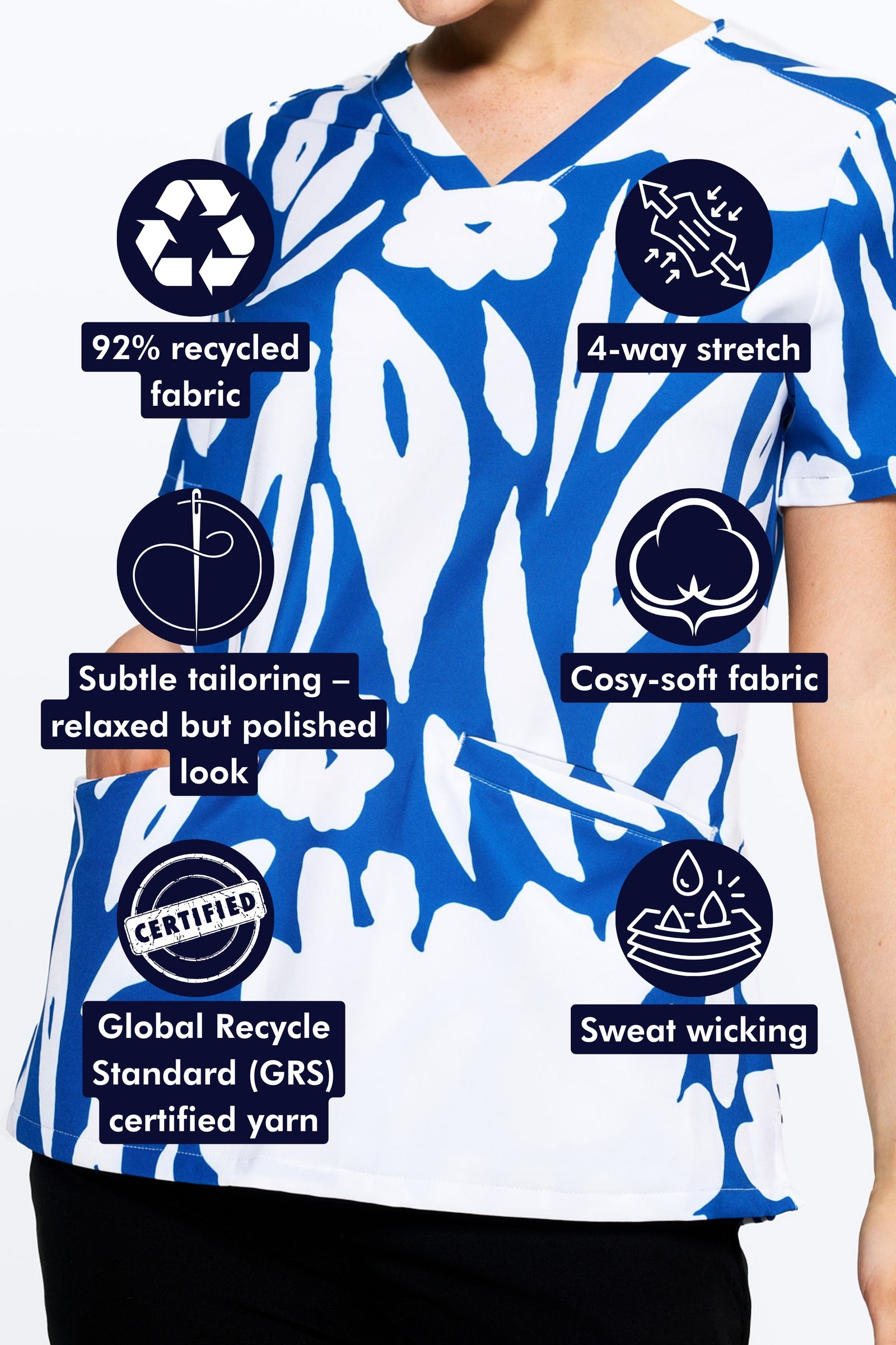 Blue-tiful Blooms Women’s 3-Pocket Scrub Top