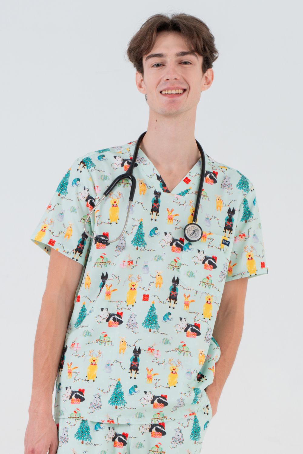 Christmas Tails Men’s 3-Pocket Scrub Top