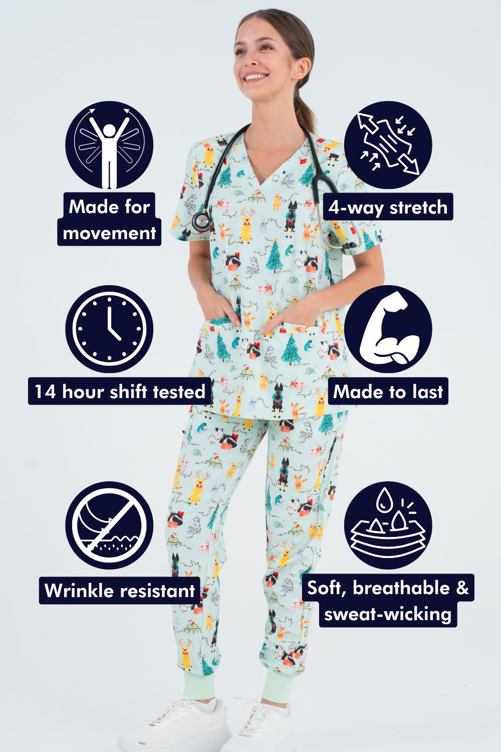 Christmas Tails Women’s 3-Pocket Scrub Top