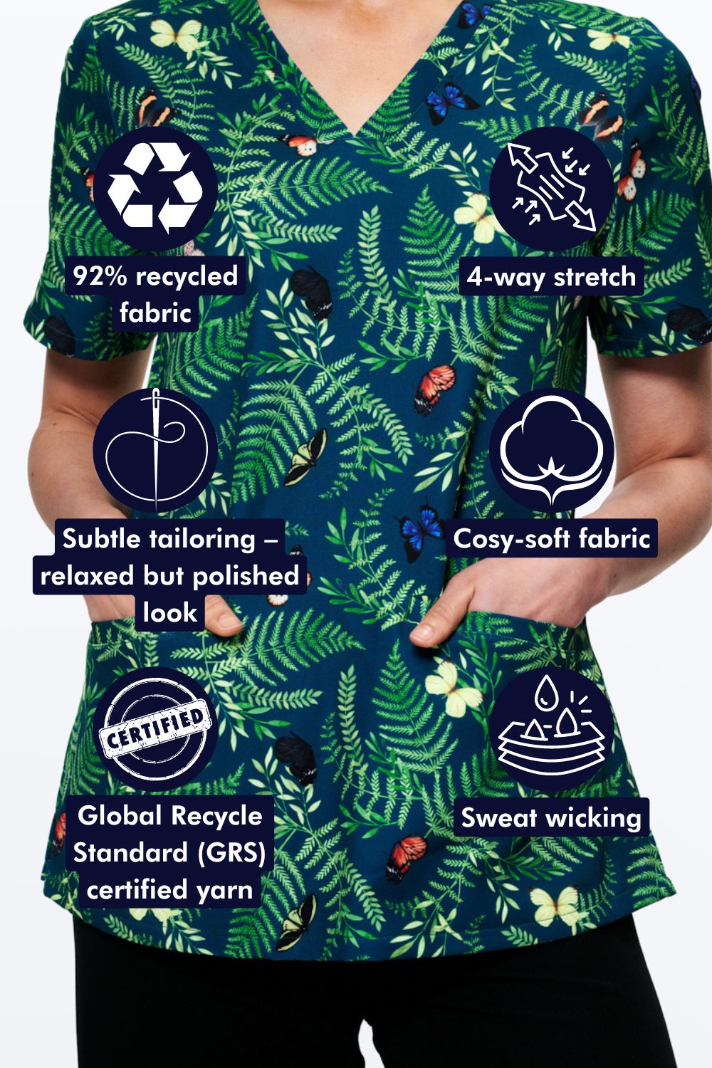 Bushland Butterflies Women’s 3-Pocket Scrub Top